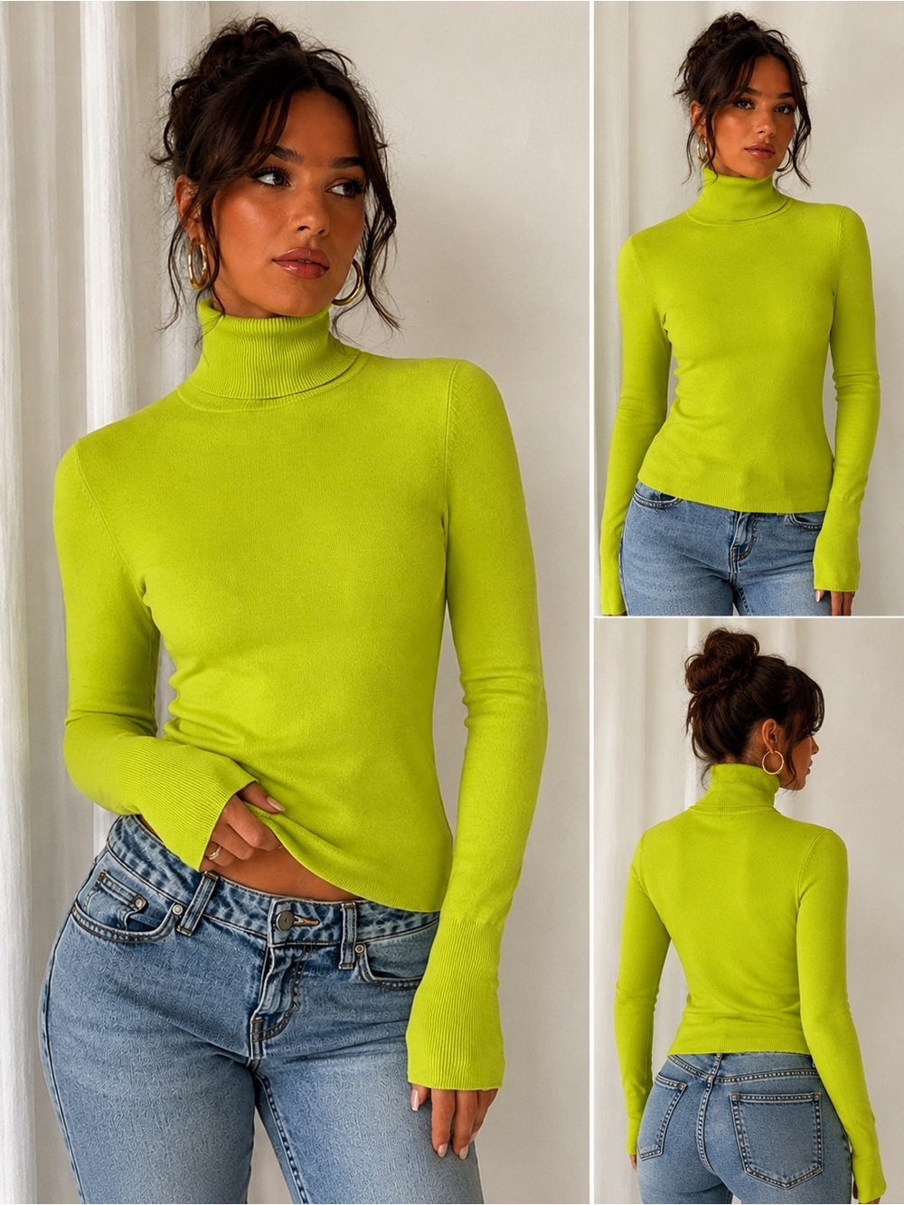 Boohoo Lime Green Turtleneck Sweater | Lightweight Knit Pullover US4